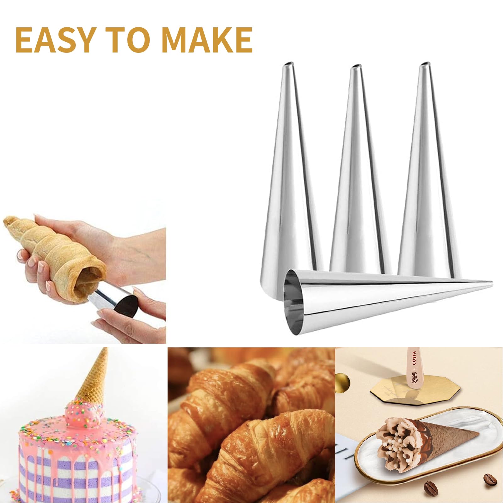 20Pcs Large Conical Cream Horn Molds, Non-stick Cream Horn Molds Stainless Steel, 5 inch Large Size Cannoli Tubes Kit Pack of Baking Cones Pastry Roll Horn Croissant Mold With brush