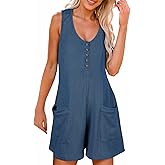 AlvaQ Womens Short Jumpsuits Solid Color Summer Casual Waffle Button Front Sleeveless Rompers with Pockets