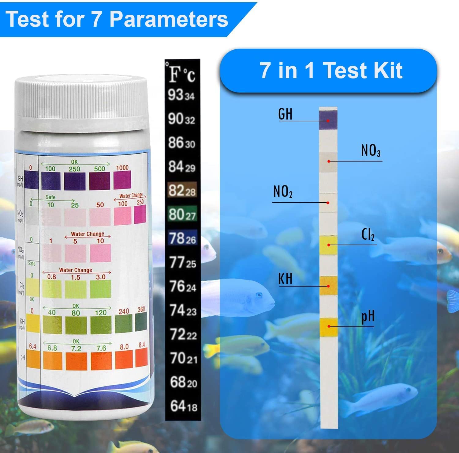 SJ WAVE 7 in 1 Aquarium Test Kit for Freshwater Aquarium Fast & Accurate Water Quality Testing