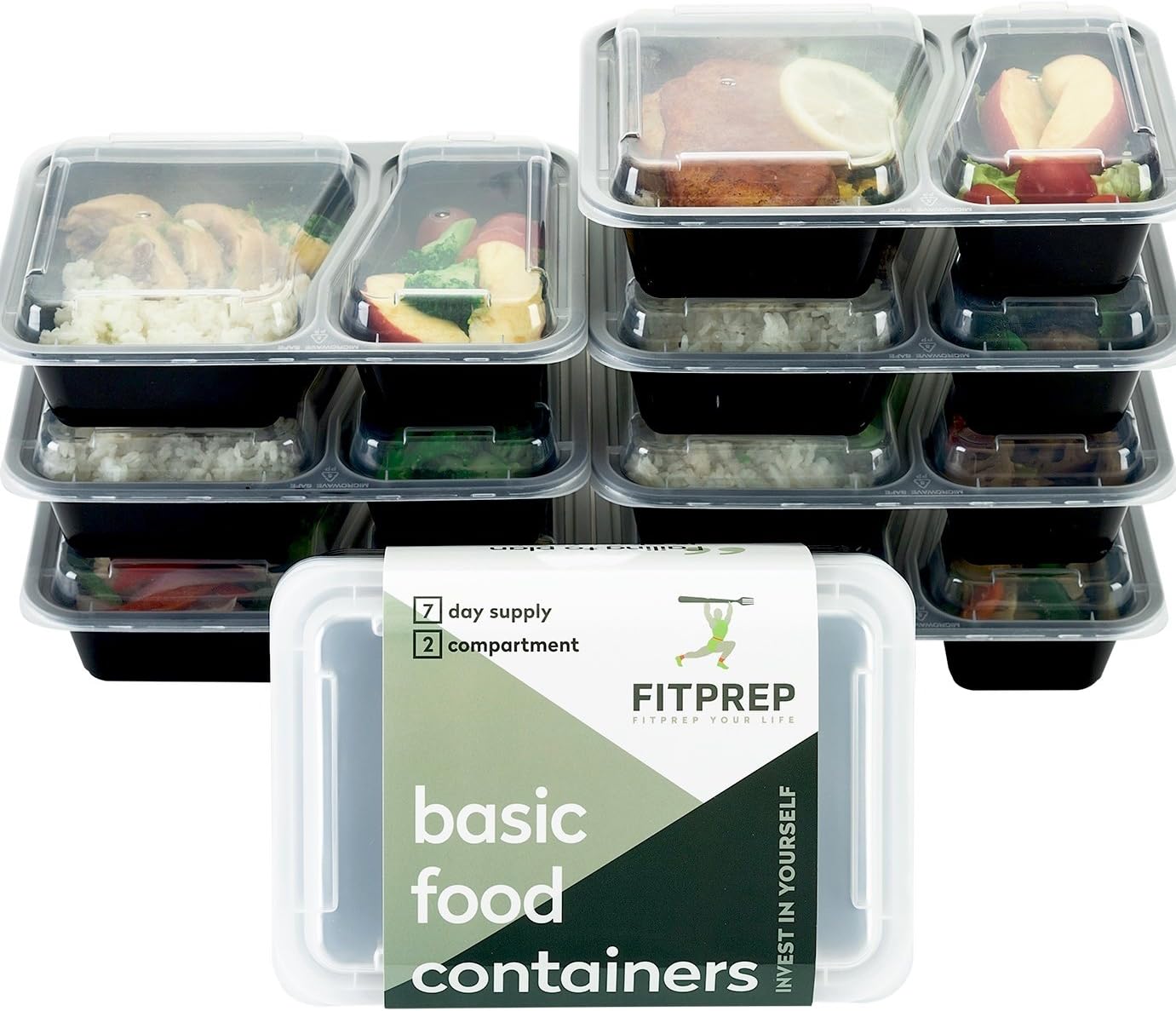 Fitprep® 2-compartment basic food container, 2017 model, stackable, reusable, dishwasher safe, microwave and freezer safe, reinforced lid, Bento box, lunch box, 7 pieces