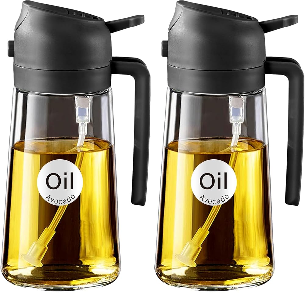 YARRAMATE 2Pcs 2-in-1 Olive Oil Sprayer Glass Bottle 470ml Black