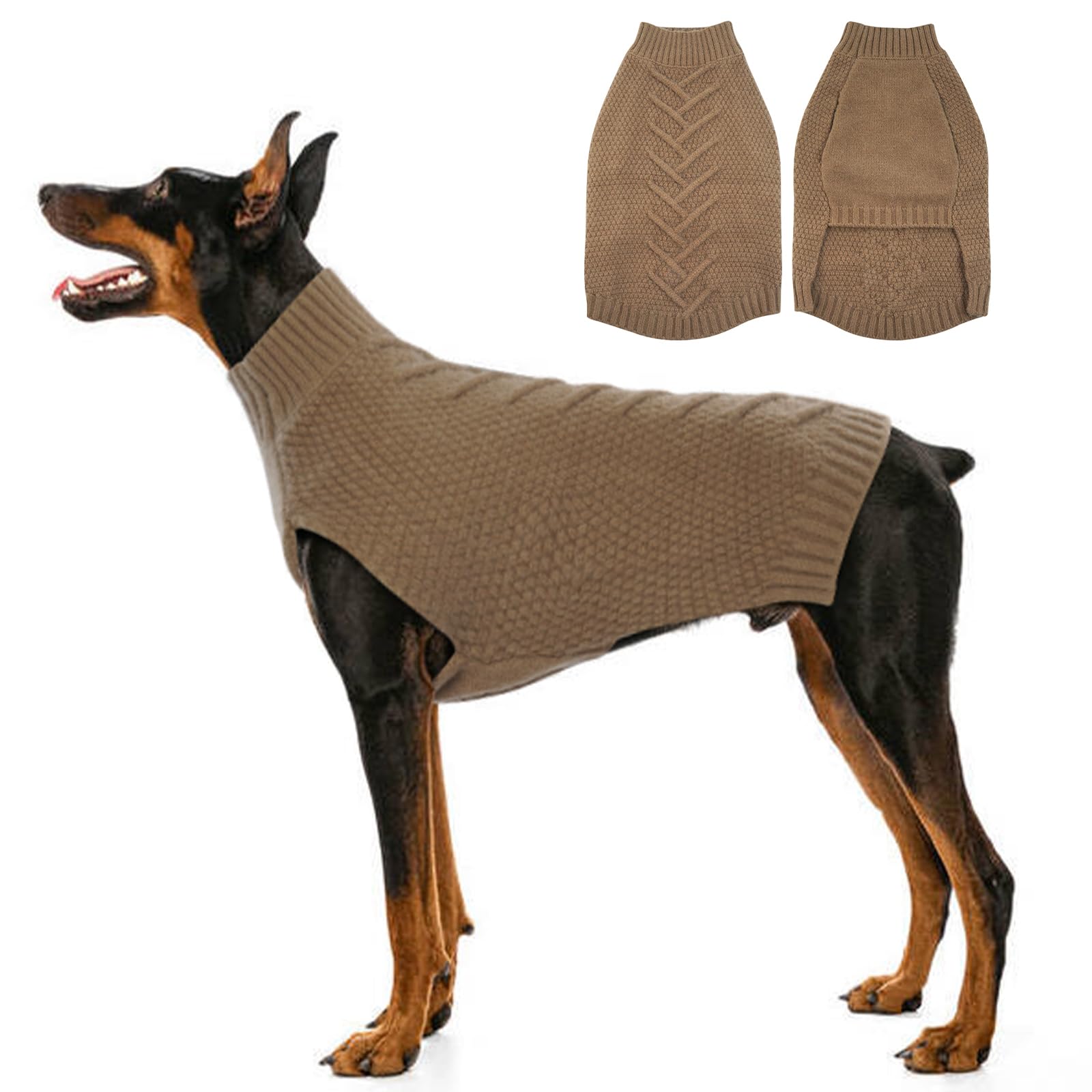 Katzinst Dog Jumper Large Breed - Warm Knitted Sweater with Polo Neck, Pullover Pet Coat for Cold Winter, Pet Outfit Apparel for Midum Large Dogs, Labrador, Golden Retriever (Khaki, 3XL)