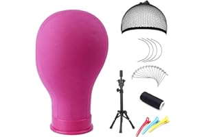 Monicass 22 Inch Canvas Block Head Pink Wig Head with Wig Stand Tripod Mannequin Head Stand for Wigs Trimming Making Display.(22 Inch Pink)