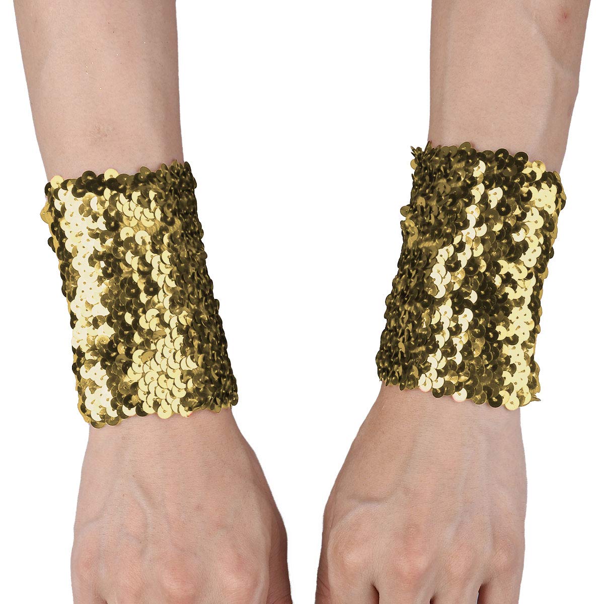 iEFiEL 1 Pair Women's Shiny Sequin Stretchy Oversleeves Sparkle Rave Dance Performance Costume Cuffs Gold One Size