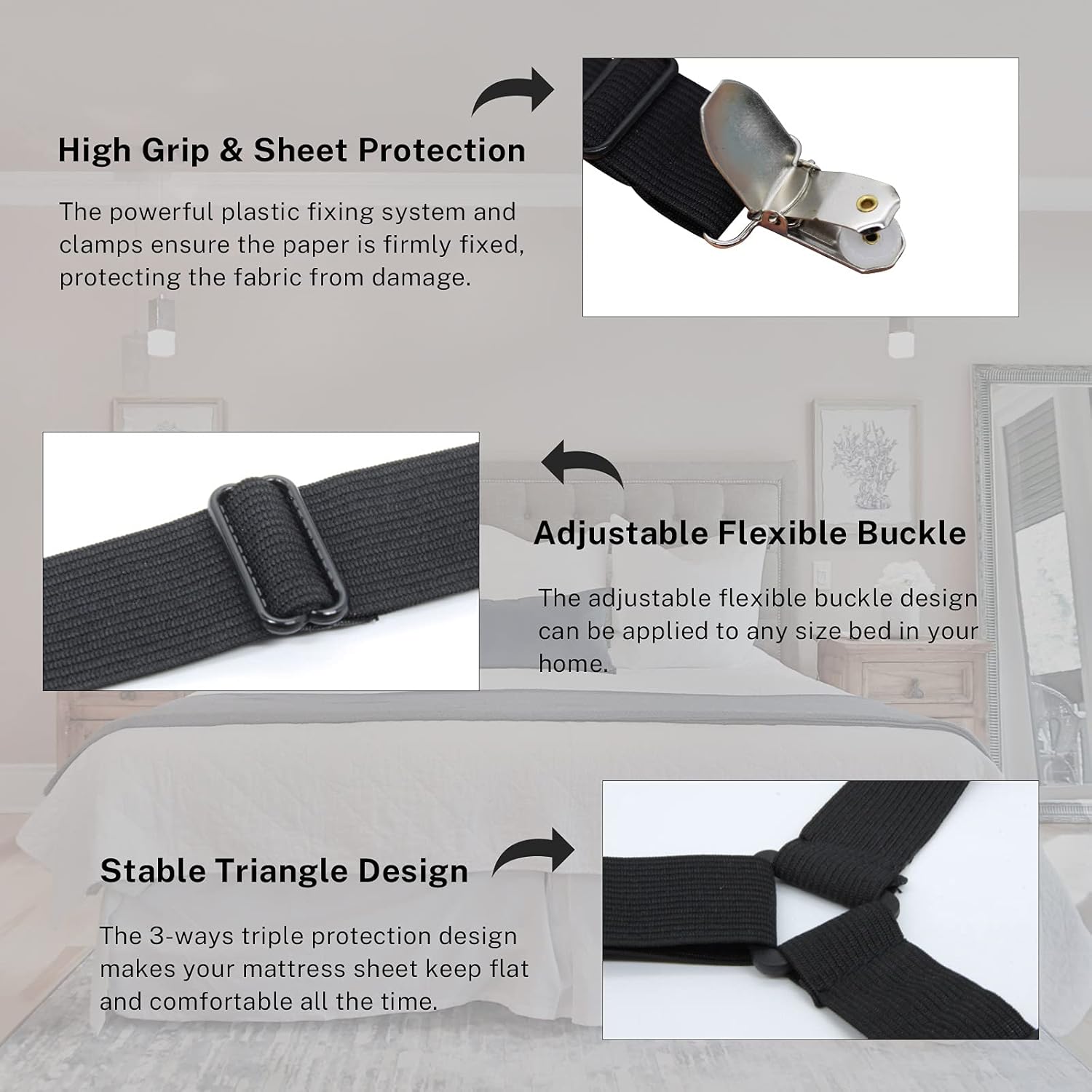 Sheet Straps Elastic Crisscross Bed Sheet Fasteners Suspenders, 6 Way Black Adjustable Bed Sheet Holder Straps, Fitted Sheet Clips for Full, Queen, King Twin Bed (6 in 1 Belt with 12 Clips): Home & Kitchen