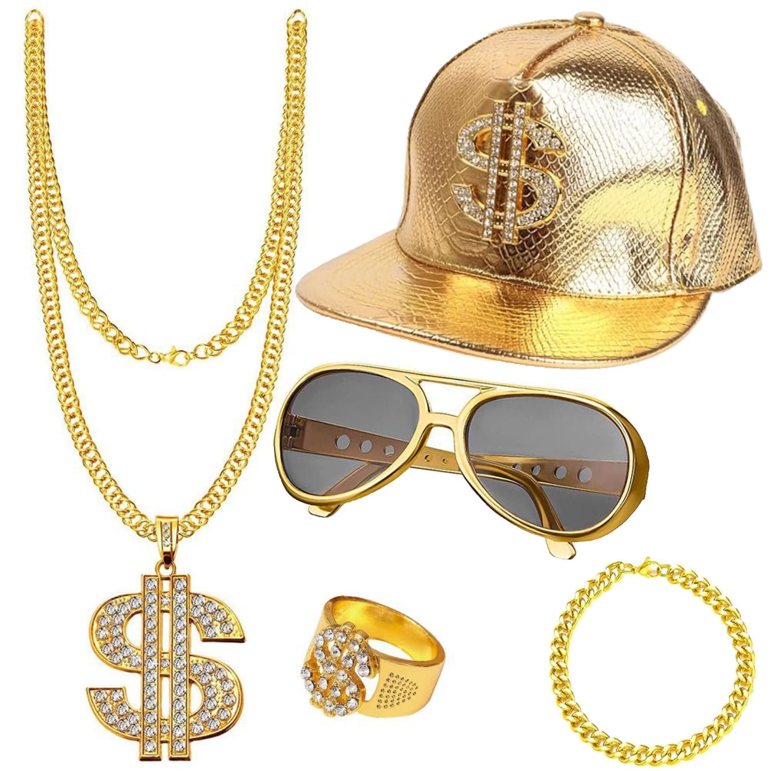 5pcs Hip Hop Costume, 80s/90s Hip Hop Fancy Accessories, Carnival Party Fake Gold Chain Bracelet, Fake Dollar Sign Necklace, Hip Hop Ring,Disco Hippie Glasses for Hippie Rapper Disco Outfit (Style 1)