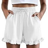 Neer Women's Linen Short, Ruffle Casual Summer Short Drawstring Elastic Waist Beach Lightweight Cute Outfit with Pockets