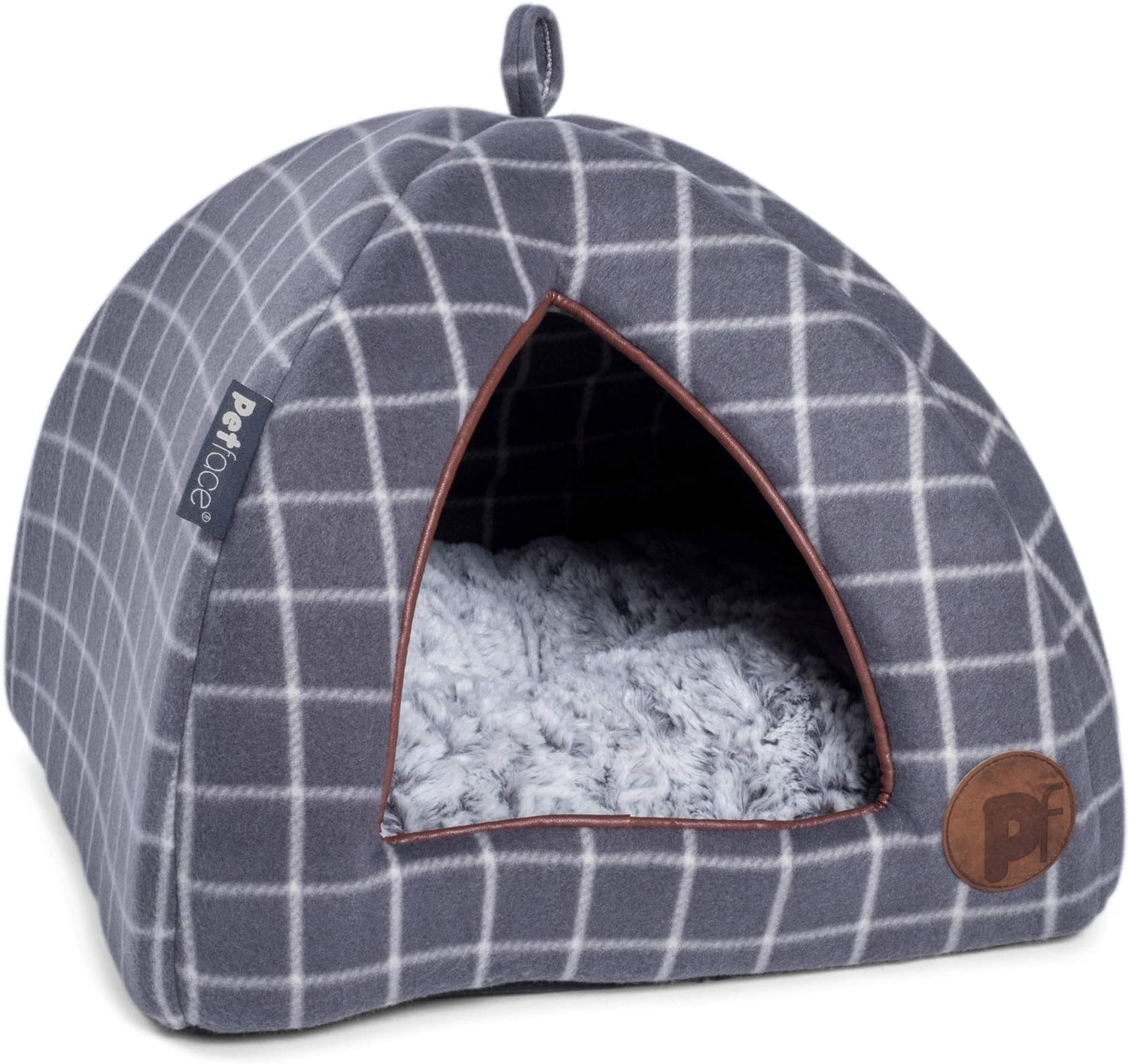 Petface Window Pane Check Igloo Bed, Reversible Faux Fur Fleece Cushion Inside, Grey, 40 x 40 x 35 cm