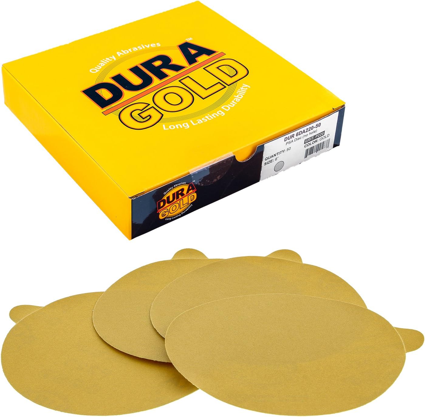 Dura-Gold - Premium - 220 Grit 6" Gold PSA Self Adhesive Stickyback Sanding Discs for DA Sanders - Box of 50 Sandpaper Finishing Discs for Automotive and Woodworking