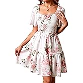 winkbay Women's Boho Floral Mini Dress Ruffle Square Neck A Line Flowy Sundress Beach Vacation Clothes