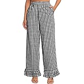 COZYPOIN Women's Gingham Pants Cotton Plaid Ruffle Hem Lounge Boxer Pant Y2K Pj Bottoms Casual Wide Leg Trousers with Pockets