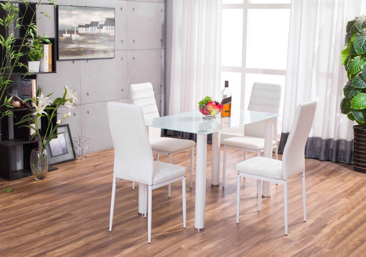 Lunar Rectangle White Glass Dining Table Set and 4 White Faux Leather Chairs Seats