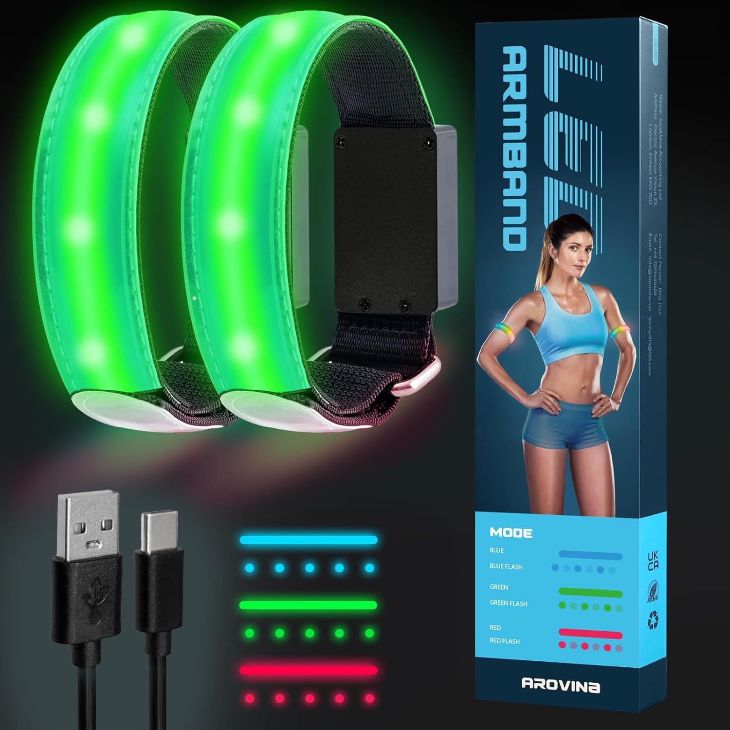 Arovina Led Armband Rechargeable, 2 Pack Running Lights for Runners 3 Colors 6 Modes Flashing Reflective Led Safety Armband for Night Running, Jogging, Cycling, Dog Walking & Outdoor Activities