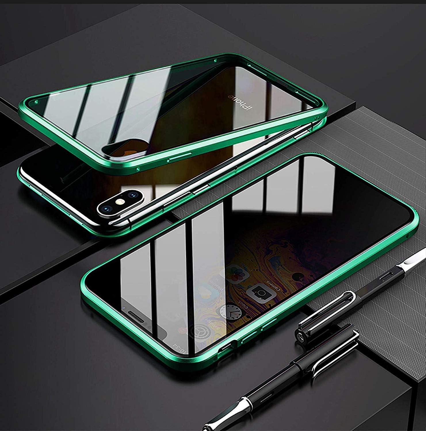 FHZXHY iPhone 11 Pro Max Privacy Glass Case All-Inclusive Clear Double Sided Tempered Glass Magnet Absorption Metal Bumper Frame Protective Case for iPhone 11 Pro max 6.5inch 2019,Green