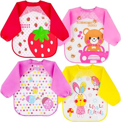 Vicloon 4 Pcs Long Sleeve Baby Bibs Waterproof For Infants 6 Months to 3 Years