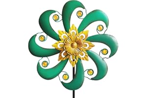 Senflame Flower Outdoor Metal Wind Spinner, Single-Layer Kinetic Garden Art with Vibrant Green Finish - Weatherproof Wind Sculpture for Lawn, Patio, Yard Decor - 10''W x 36''H