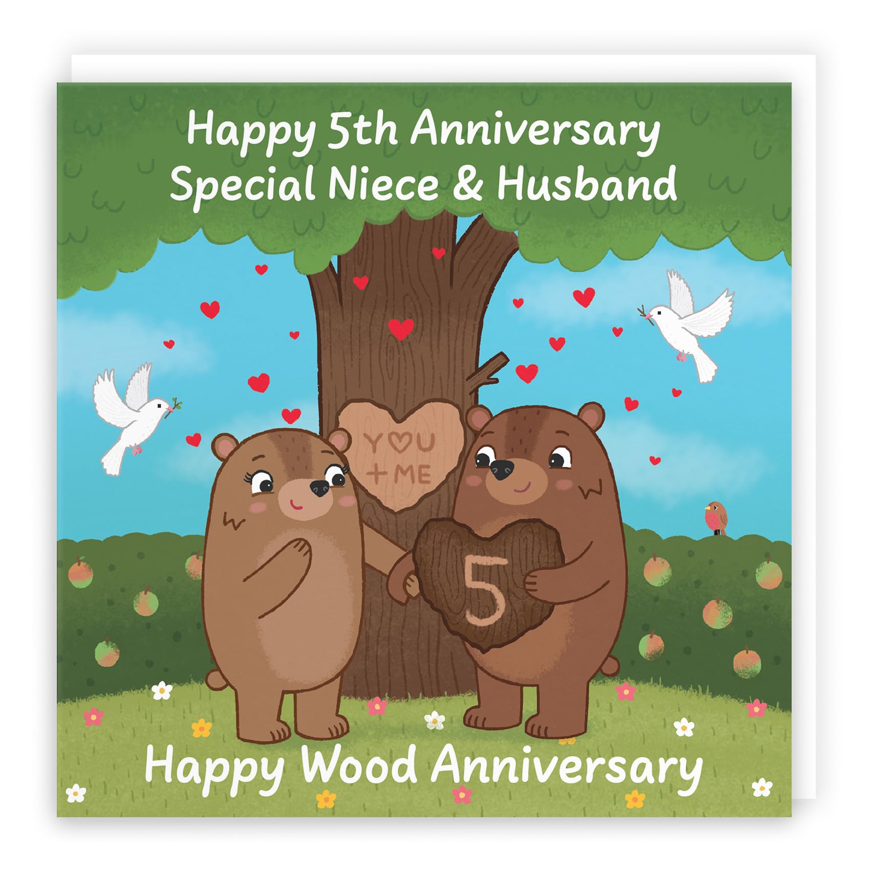 Hunts England - Niece And Husband 5th Anniversary Card - Wood Anniversary - Fifth Anniversary - 5 Years - Cute Fun Bears Card - Love Story Collection