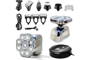 JCHOPE 9D Floating Head Shaver - Wet and Dry Head Shavers for Bald Men, Upgraded 6 in 1 Head Shavers for Men, Removable Heads, Dual Mode Power Supply, LED Display, Travel Lock, Suitable for Home and Travel