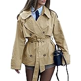 Lingswallow Cropped Trench Coat for Women Double Breasted Lapel Short Jacket Crop Coats with Belt