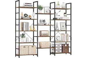 NUMENN Triple Wide 5 Tier Bookshelf, Rustic Industrial Style Bookcases with 14 Open Display Shelves, Modern Tall Bookcase Furniture for Bedroom, Living Room and Home Office, Vintage