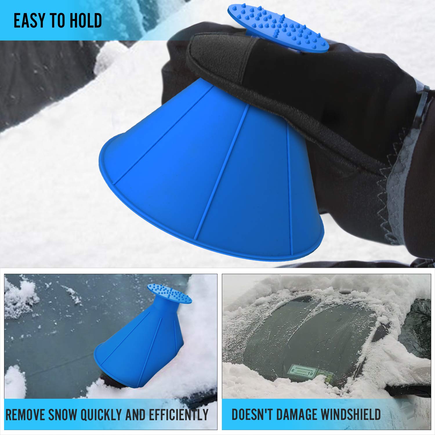 SEVENS 2 Pack Ice Scraper Round Car Window Windshield Cone -Shaped 6.8″ Larger Coverage Diameter Snow Ice Scraper Funnel Removal Tool with 6 Ice Breakers(Blue)
