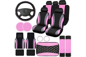 Fabbay 21 Pcs Car Seat Covers Full Set Car Floor Mats Steering Wheel Cover Armrest Seat Belt Pad Seatbelt Cup Mats Emblem Ring Sticker for Sedans Trucks SUV(Black, Pink)