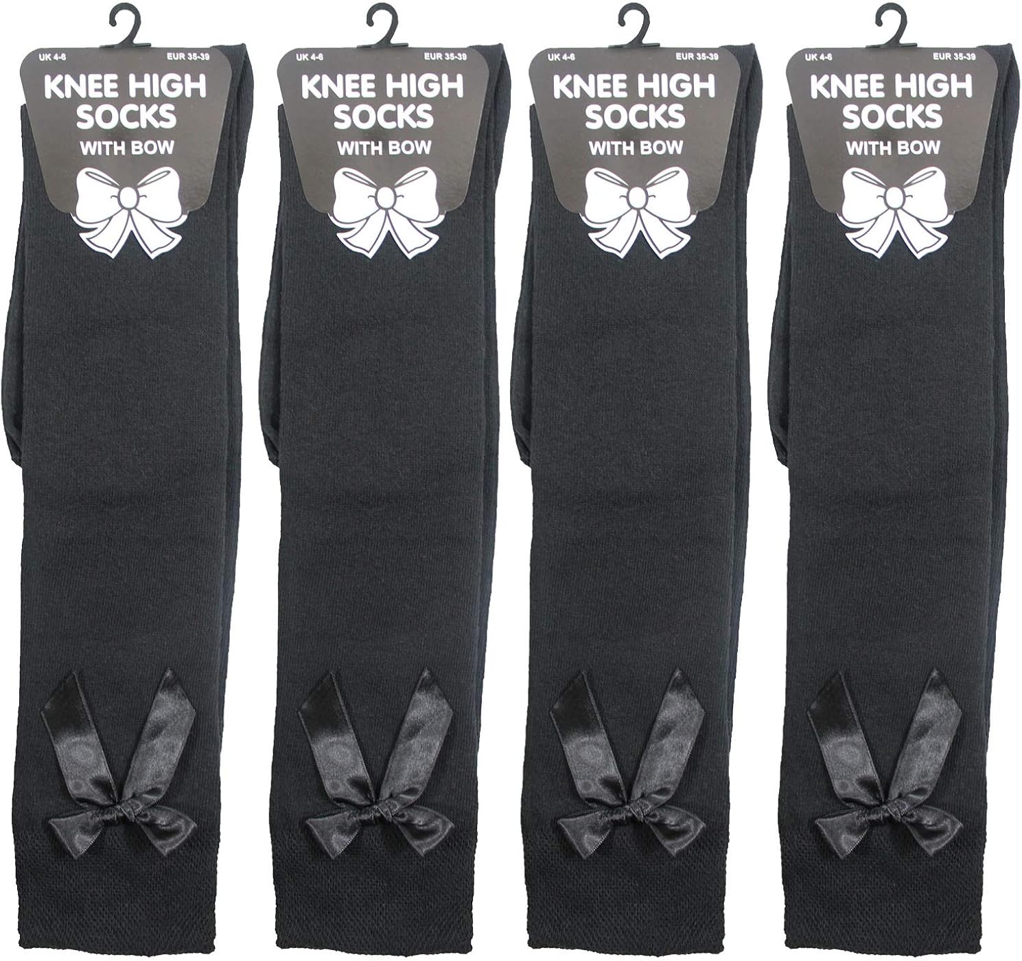 3 Pairs Girls Black Knee High Socks With Bow Size 46 Ribbons Bows
