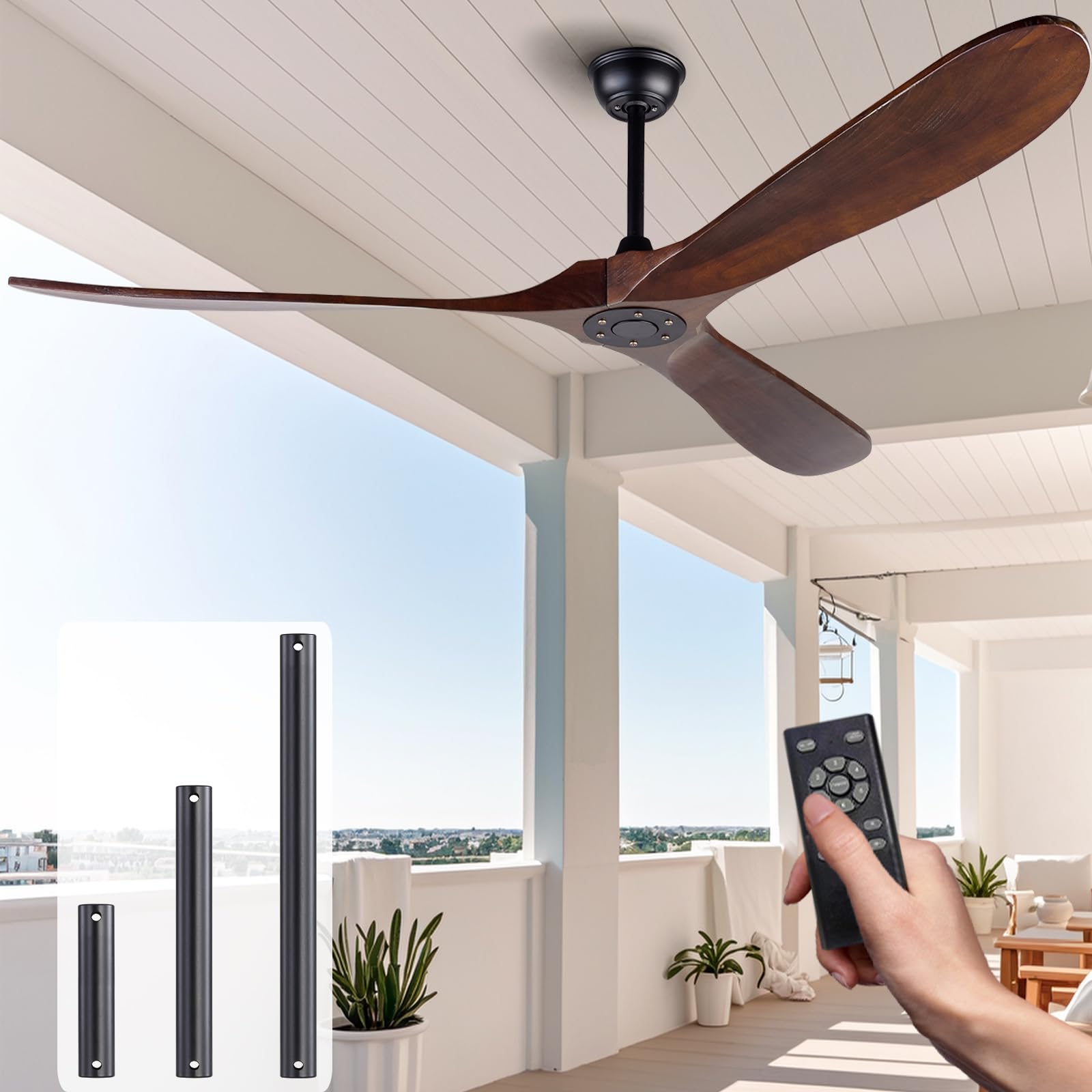 Photo 1 of Solid Wood Ceiling Fans Without Light, 70 Inch Real Wood Ceiling Fan with Remote Control and 3 Blade, Natural Wood Ceiling Fan Waterproof, Indoor Outdoor Ceiling Fans for Patio, Bedroom, Living Room