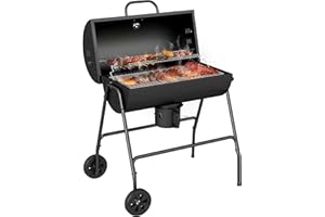 Outsunny Barrel Charcoal BBQ Smoker with 420 sq.in. Cooking Area, Outdoor Barbecue with Wheels, Ash Catcher and Built-in Ther