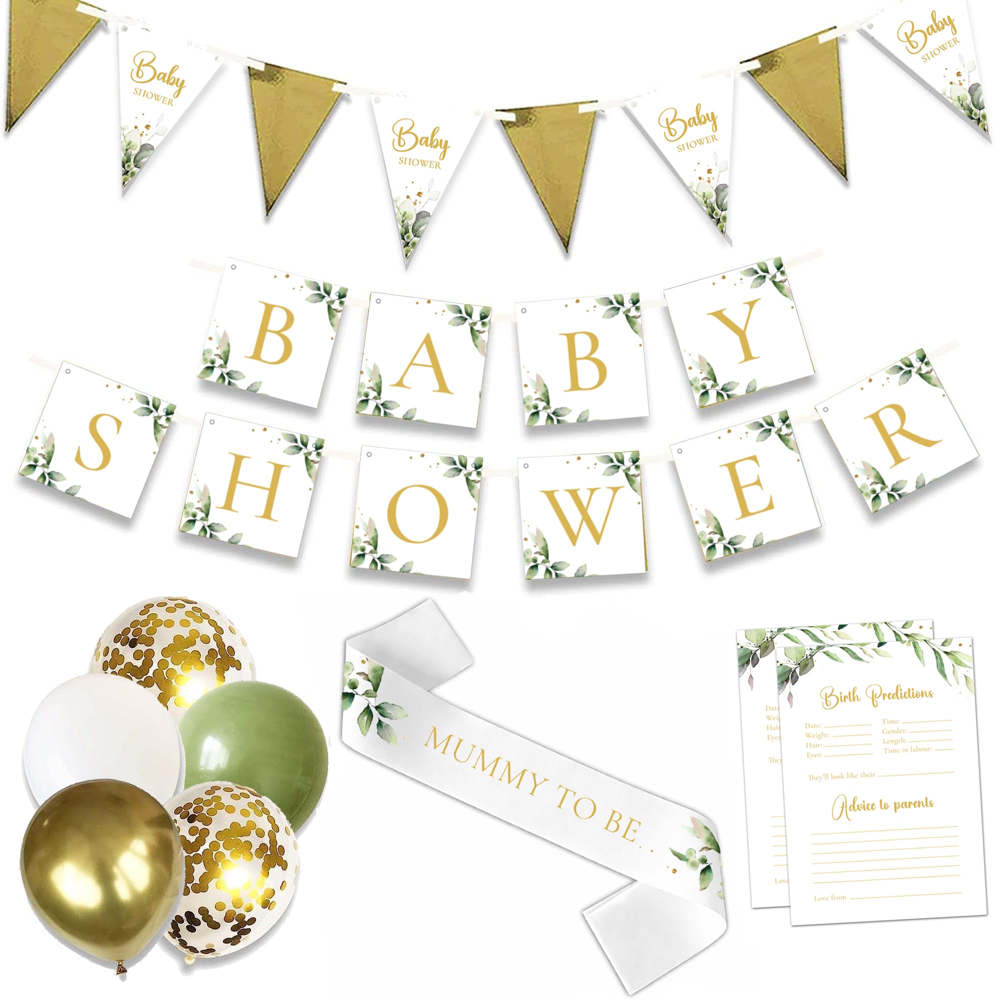 Baby Shower Unisex 24pcs Decoration Bundle Sage Green Gold - Neutral Gender Reveal Banner Garland, Bunting, Confetti, Latex Balloons And Sash For Mum To Be - Botanical Decor For Girls And Boys
