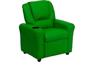 Flash Furniture Vana Vinyl Kids Recliner with Cup Holder, Headrest, and Safety Recline, Contemporary Reclining Chair for Kids, Supports up to 90 lbs., Green