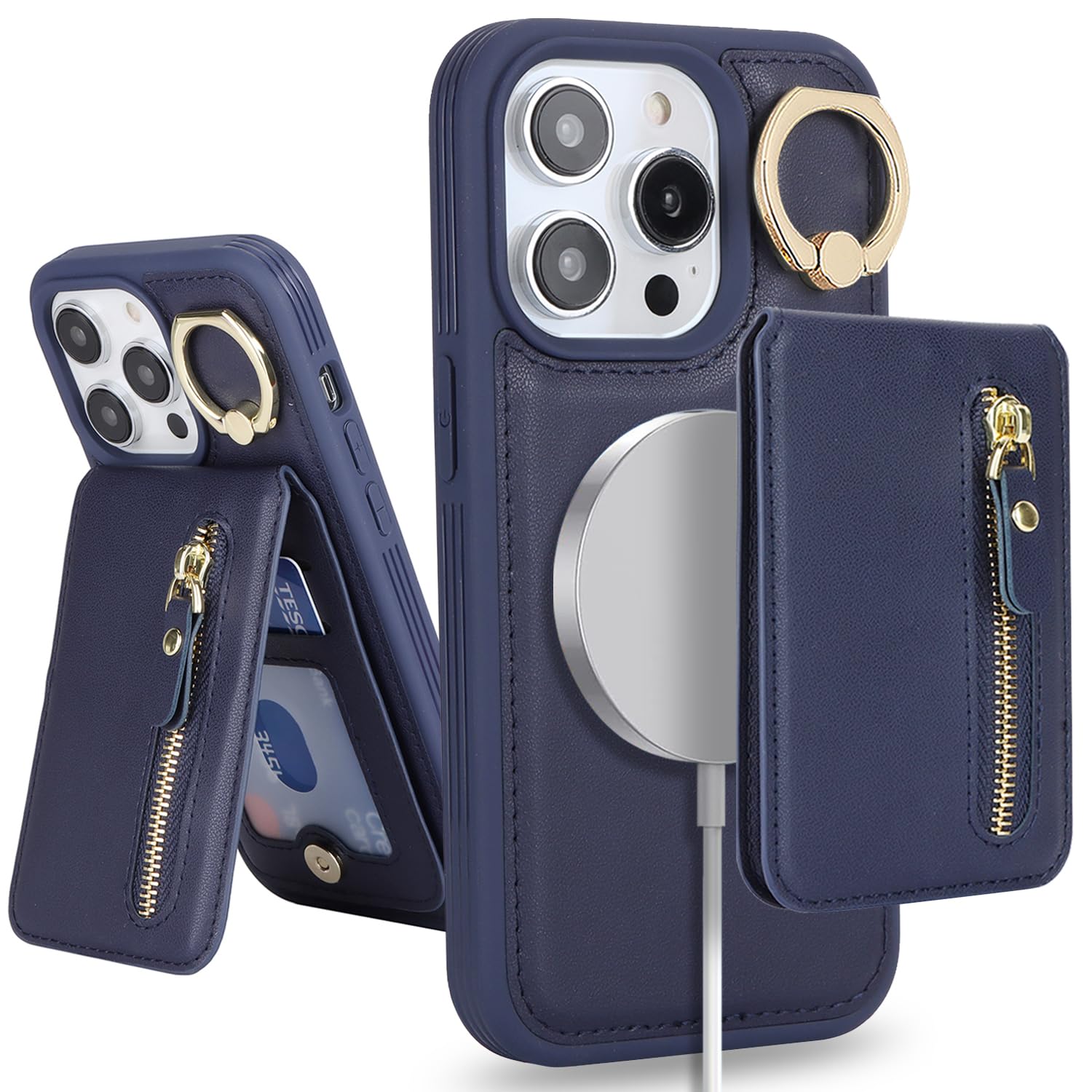DEYHU for iPhone 14 Pro Max Phone case with Card Holder with Compatible magsafe Magnetic, Key Chain PU Leather Flip Kickstand Detachable 2-in-1 Wallet case for Apple14promax Women Men-Dark Blue