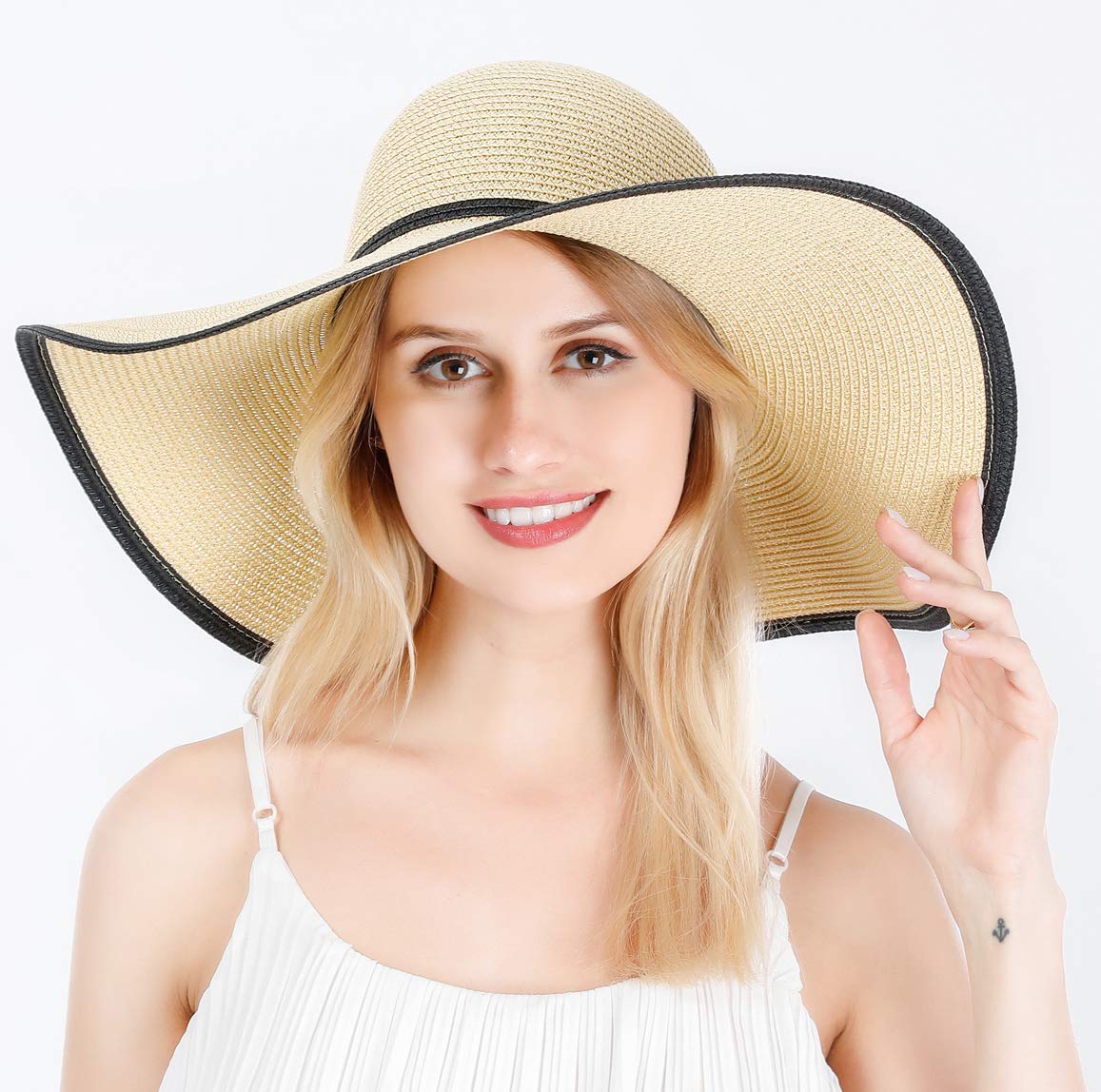 Lanzom Herren Strohhut Mit Breiter Krempe - Faltbarer Fedora Sonnenhut LSF 50+