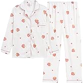 Vopmocld Big Girls Button Down Pajama Sets Crepe Soft Lapel Shirt Sleepwear Printed Lounge Set Long Sleeve Long Pants Nighty