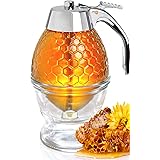 Hunnibi Honey Dispenser No Drip Glass with Stainless Steel Top - Syrup Dispenser Glass - Beautiful Honey Pot - Honey Jar with