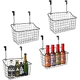ACXFOND 4PCS Over the Cabinet Basket, Over Cabinet Door Organizer, Grid Storage Baskets with Hooks, Metal Hanging Basket Kitchen Storage Organizer Holder for Pantry, Bathroom, Black, 11x9.2x4.3’’
