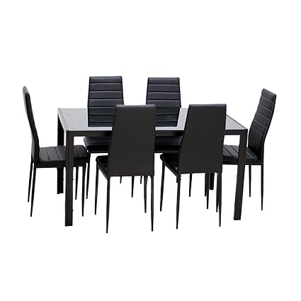 Ebs 7 Piece Dining Table Set For 6 Kitchen Dinette Furniture With Glass Top And Metal Leg Black
