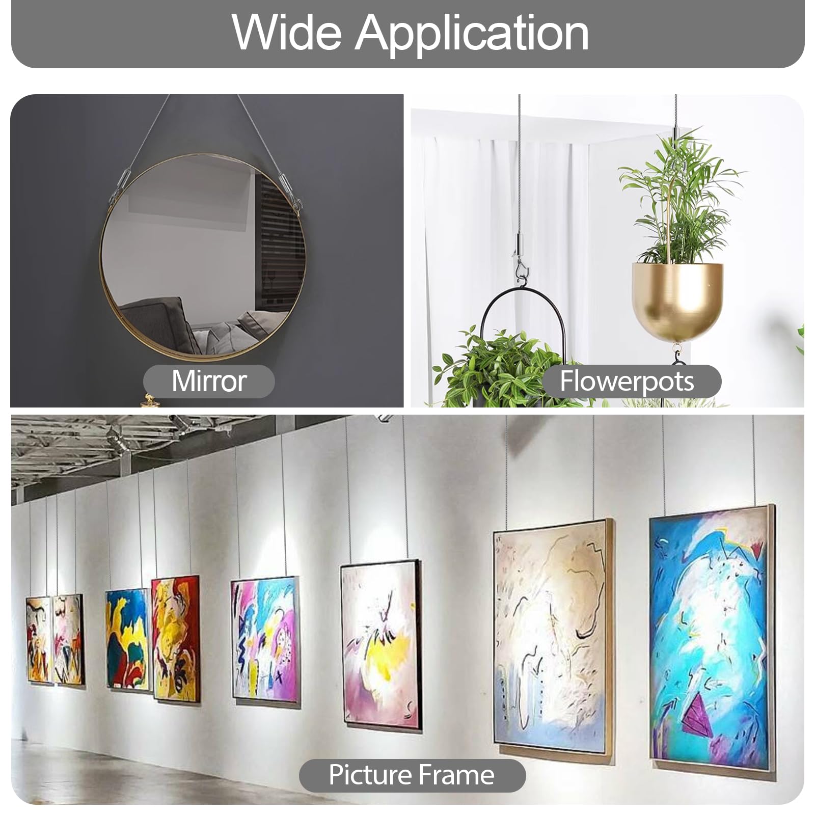 Adjustable Picture Hanging Wire, Upgrade Mirror Frame Hanging Kit, 6.6FT Heavy Duty Stainless Steel Wire Rope, Supports Up to 100lbs (Silver, 2PC-6.6FT)