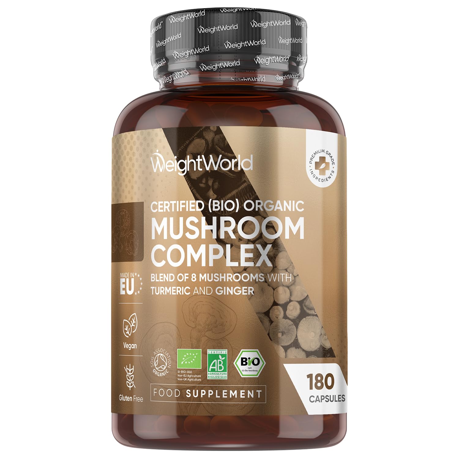 WeightWorld Organic Mushroom Complex | 180 Vegan Capsules | Lions Mane Mushroom, Cordyceps, Shiitake, Reishi, Chaga, Maitake & More | Added Turmeric & Ginger | Gluten-Free & Non-GMO | Made in EU