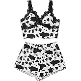 SweatyRocks Women's Summer Contrast Lace Cow Print Cami Top and Shorts Sleepwear Pajamas Set