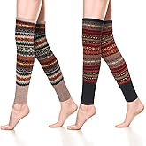 SATINIOR 2 Pairs Leg Warmers for Women Wool Leg Warmers Bohemian Winter Long Knit Boot Cuffs Socks for Women(Black, Khaki)