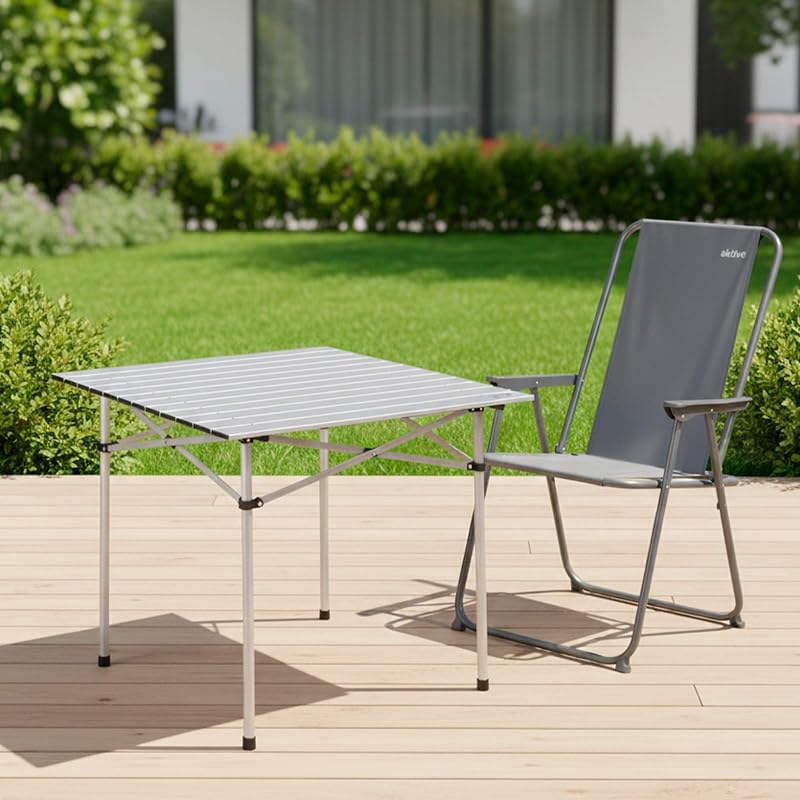Mesa dobrável leve, mesa de campismo em alumínio, tampo laminado, 70x70x70 cm, com saco de transporte, paragens antiderrapantes, para 4 pessoas (52840)