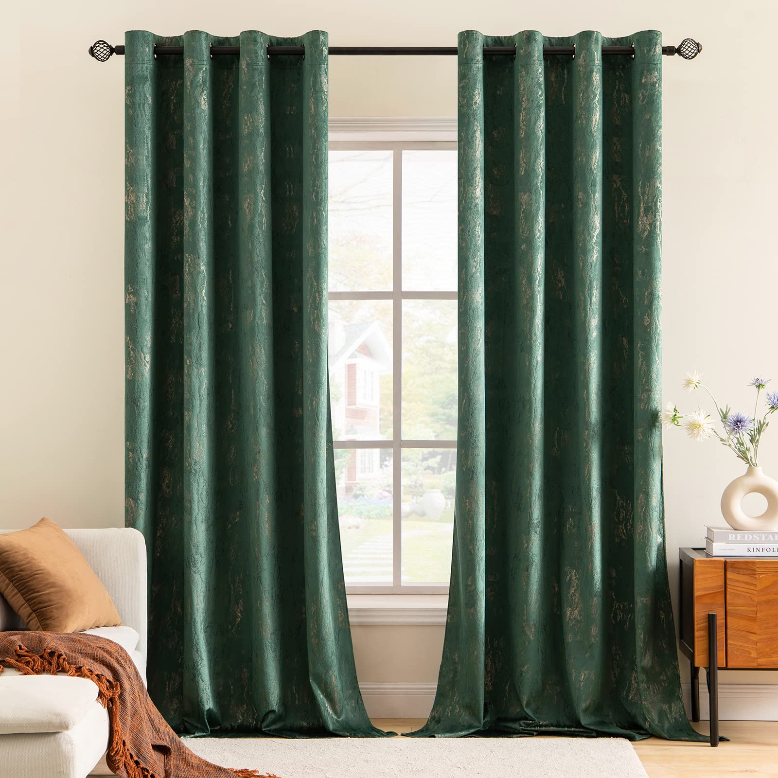 MIULEE Bronzing Velvet Curtains Decoration 2 Panels Room Darkening Thermal Insulated Curtain Pair Eyelet Drapes for Living Room Kids Bedroom Nursery 55" W x 96" L 140x245cm Dark Green