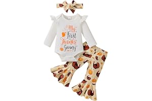 TINYPAINTER Baby Girl Thanksgiving Outfit Pumpkin Pie Romper+Flare Pants Newborn Girl Turkey Day Clothes 0-18 Months
