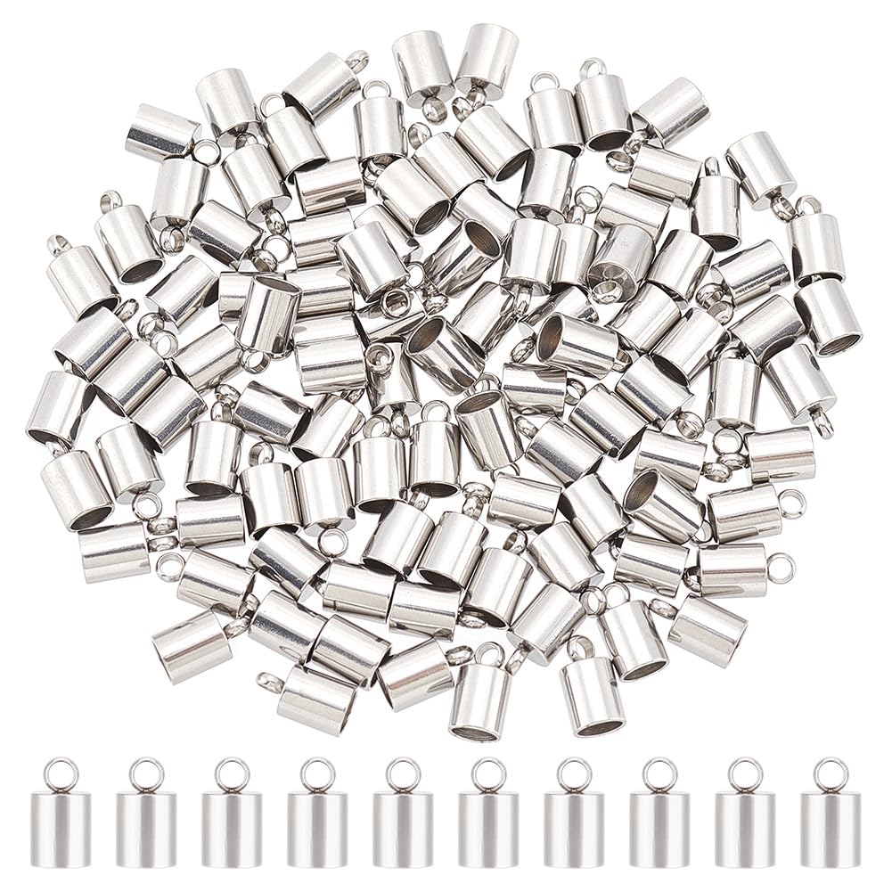 UNICRAFTALE About 100pcs Barrel End Caps 100pcs Stainless Steel Cord Ends 4mm Inner Diameter Smooth End Caps Terminators Cord Finding for Jewelry Making Kit, Stainless Steel Color