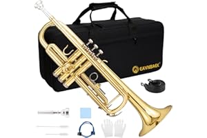 Eavnbaek Bb Standard Trumpet Set for Beginner or Advanced Student, Brass Student Trumpet Instrument with Hard Case, Cleaning Kit, 7C Mouthpiece and Gloves (Gold)