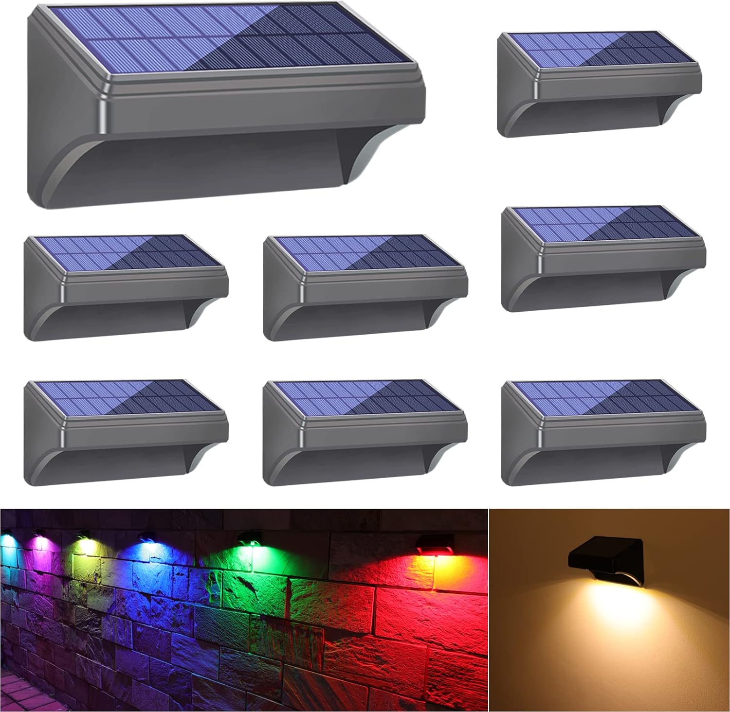 Lighting - Bridika Solar Fence Lights, Fence Lights Fence Solar Lights Outdoor Waterproof Warm White & Color Glow LED Solar Lights for Backyard, Patio, Deck Railing, Stair Handrail and Wall (8 Packs, Mini Size)