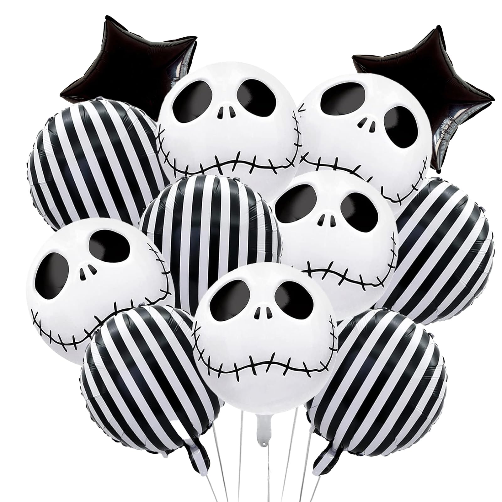 Photo 1 of 12 PCS Skeletons Skull Foil Balloons, Black and White Striped Halloween Balloons, Halloween Birthday Party Decorations, Black star balloon for Nightmare Christmas Birthday Decorations