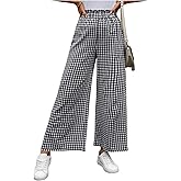 MakeMeChic Women's Gingham Palazzo Long Pants Elastic Waist Wide Leg Frill Trim Straight Loose Trousers