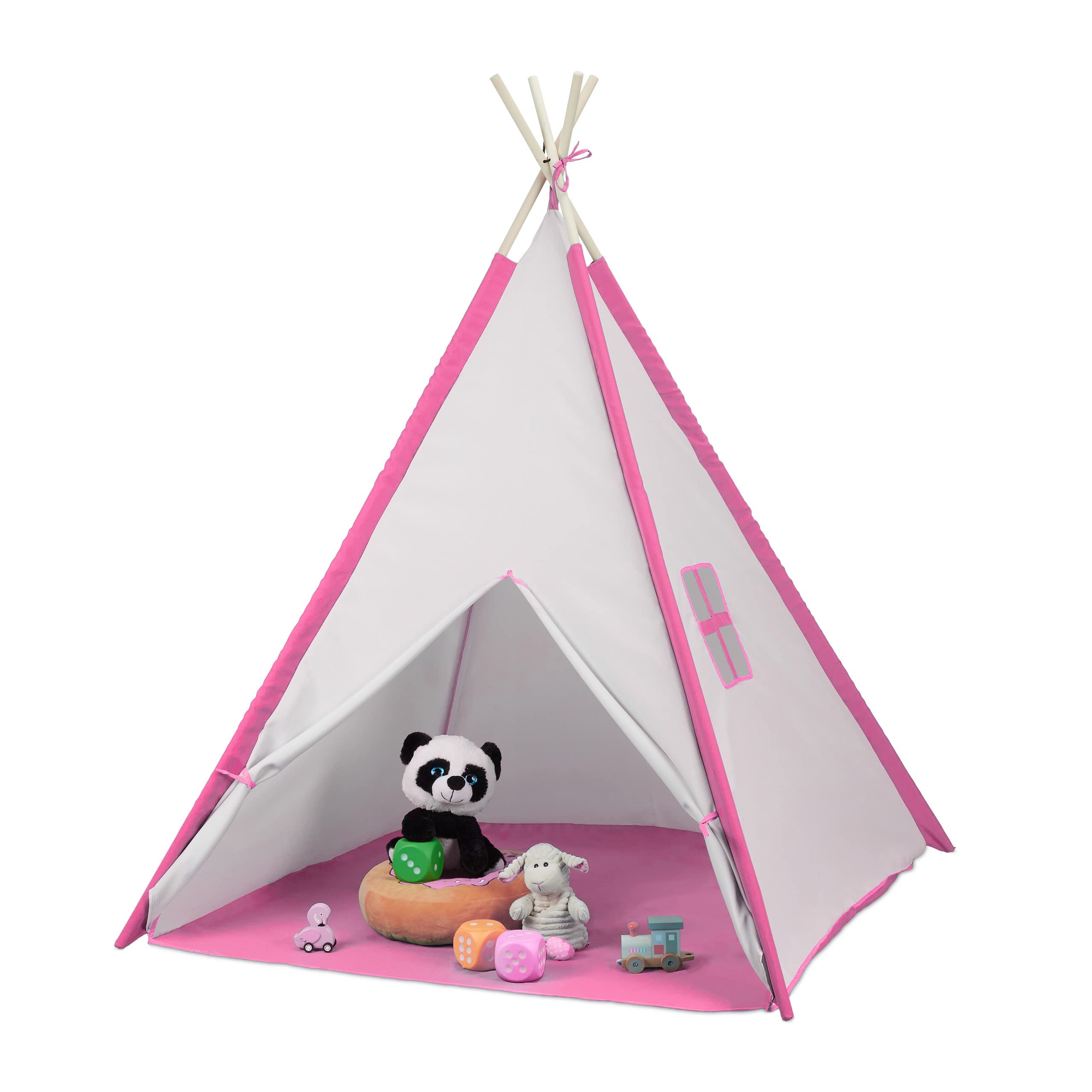 Relaxdays Children's Play Tent, Tipi for Kids, with Floor Mat, Wigwam, Playroom, HWD: 154 x 124 x 124 cm, White/Pink, Polyester
